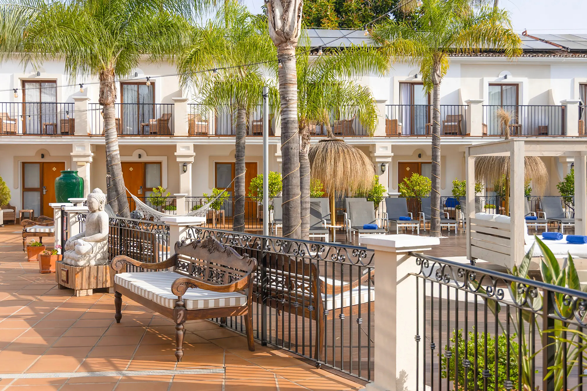 Terras met palmbomen en ligbedden