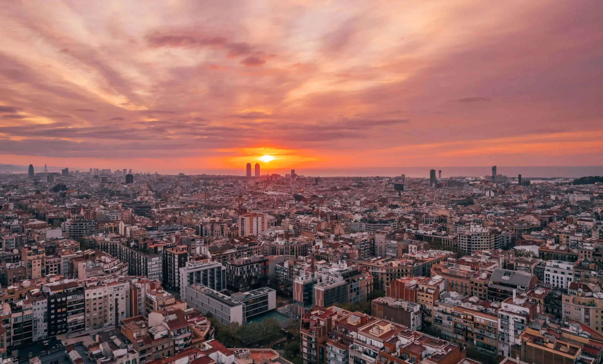Aerial view of Barcelona at sunset