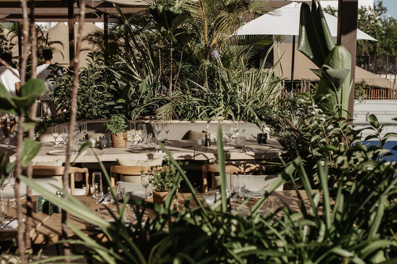 Groen terras met loungeplekken bij NAC